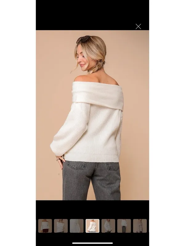 Timing Foldover Off-Shoulder Knit Sweater Cream Relaxed Fit - Image 5