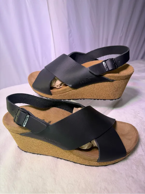 Papillio Black Leather Cork Wedge Sandals Size 8 - Image 3