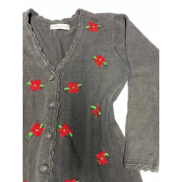 Victoria Jones VintageSweater Poinsettia Cardigan Beaded Christmas Grandma M - Image 2