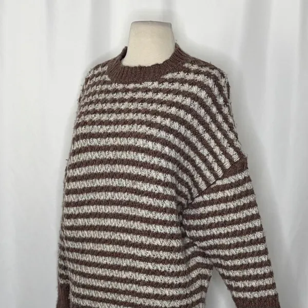 ZARA Wool Chunky Knit Oversized Sweater Brown Grey Stripes‎ Pullover Knit Small - Image 8