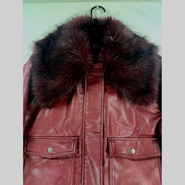 Wild Fable Burgundy Faux Leather Bomber Jacket Removable Faux Fur Collar Size S - Image 9