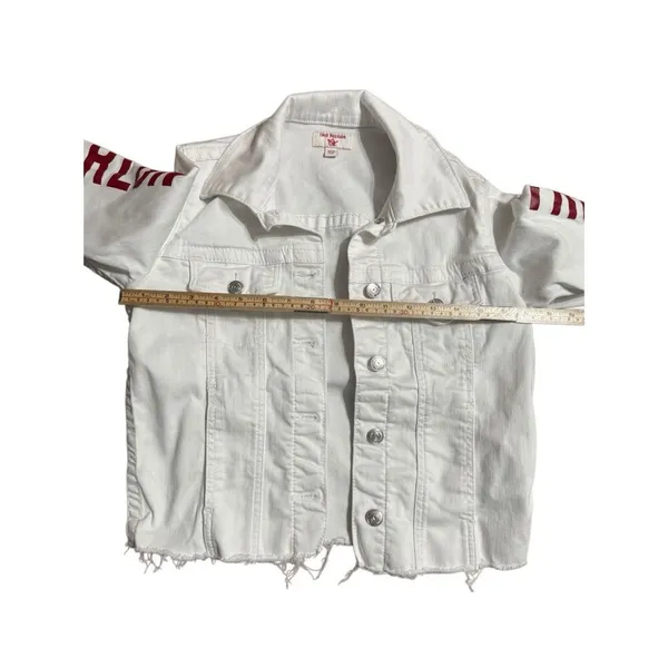 True Religion Fashion trucker with‎ Red Logo on Sleeves Sz XS White Jean Jacket - Image 5