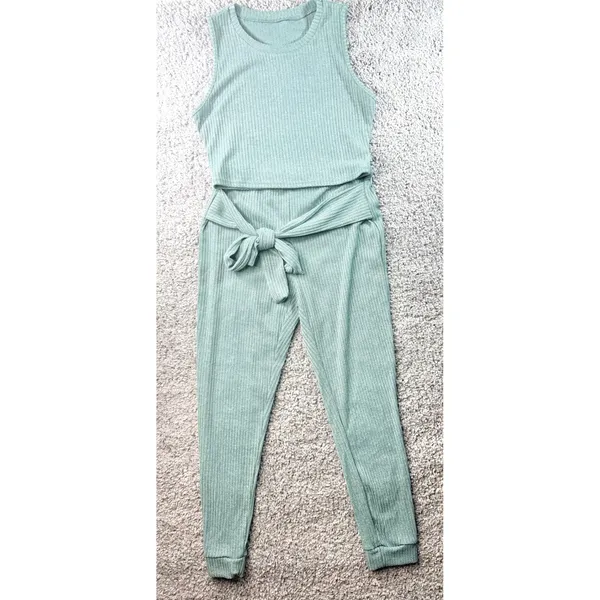 Sage Green Ribbed Knit 2 Piece Set Crop Top and Tie Waist Joggers XL - Image 4