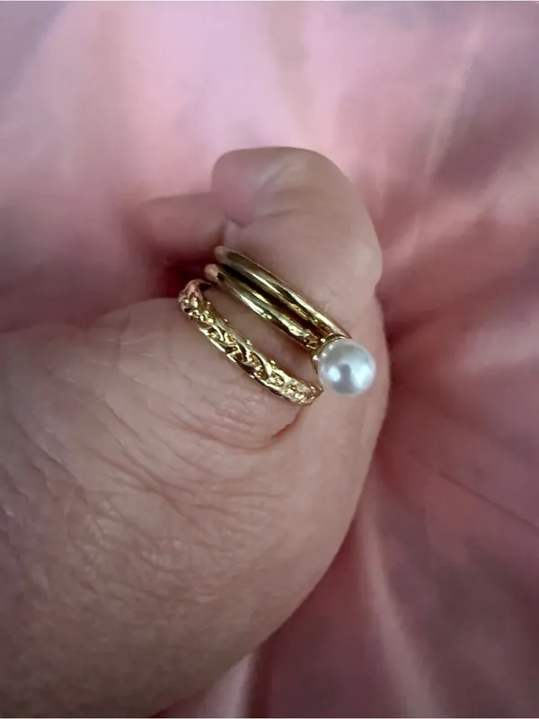 Gold Pearl Stacking Ring Set of 3- Elegant Women's Jewelry - Image 3