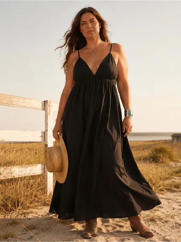 Commense Black Coastal Cowgirl Maxi Cotton Dress XL Deep V Open Back Western - Image 2