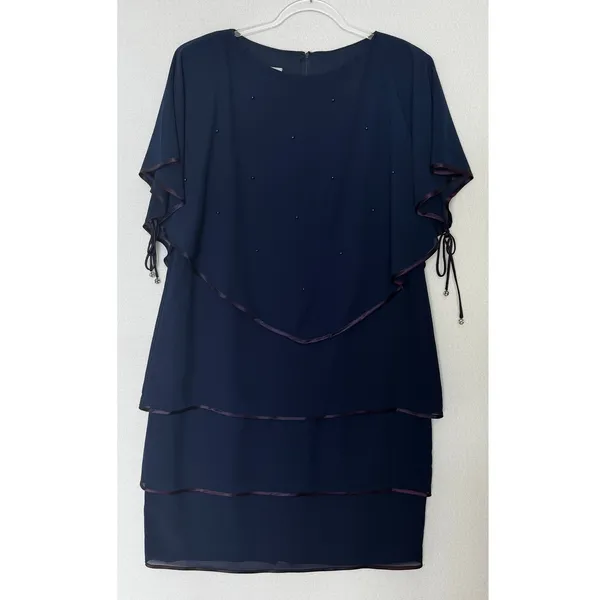 Late 1980s–1990s Patra Blue Chiffon Cape Overlay Beaded Dress Midi XL - Image 2