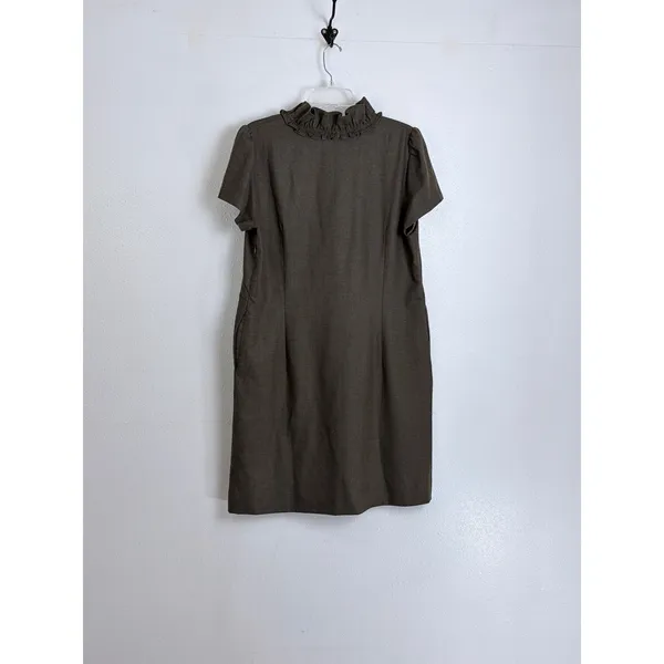J.Crew Olive Brown Wool Ruffle V-Neck Shift Dress 14 Dark Academia Office - Image 5