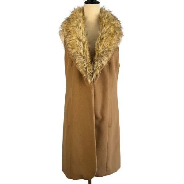 GUESS Los Angeles Womens Medium Camel Tan‎ Faux Fur Collar Longline Vest Chic - Image 2