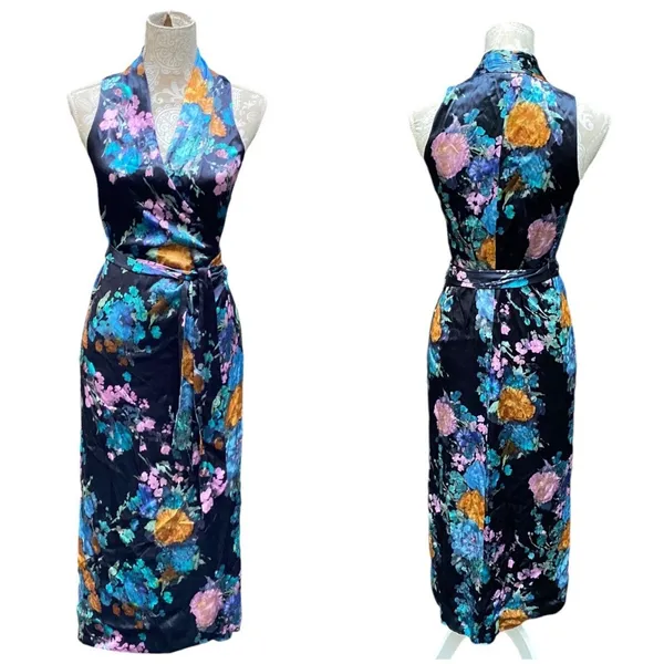 Quiet Luxury Watercolor Floral Bouquet Satin Wrap Maxi Dress Vince Designer XS - Image 2