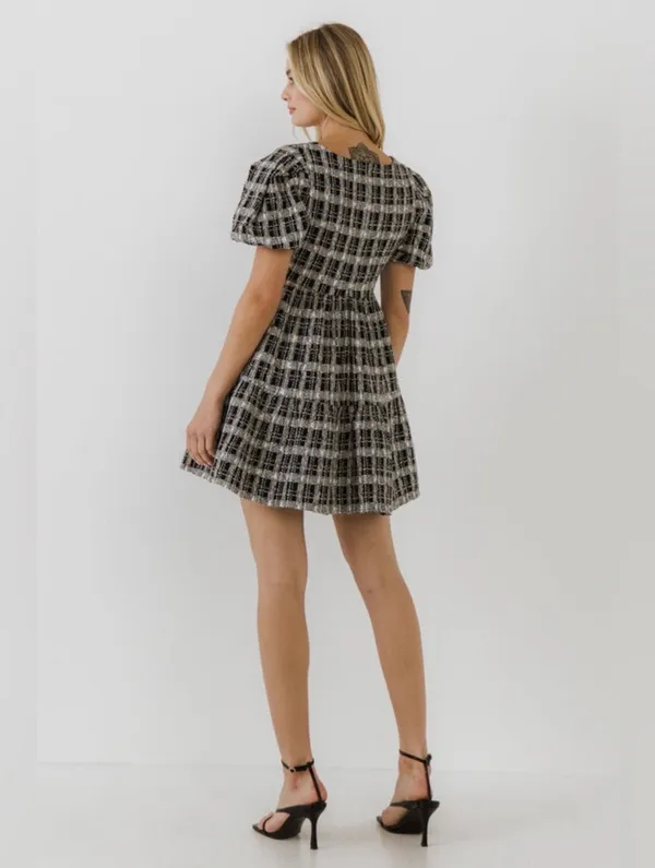 English Factory Colorful Tweed Square Neck Puff Sleeve Babydoll Dress Black Multi - Image 4