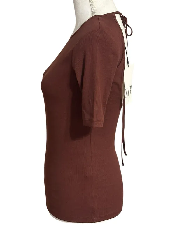 Zara Brown Ribbed Short Sleeve Open Back with Delicate Tie Top NWT - Image 4