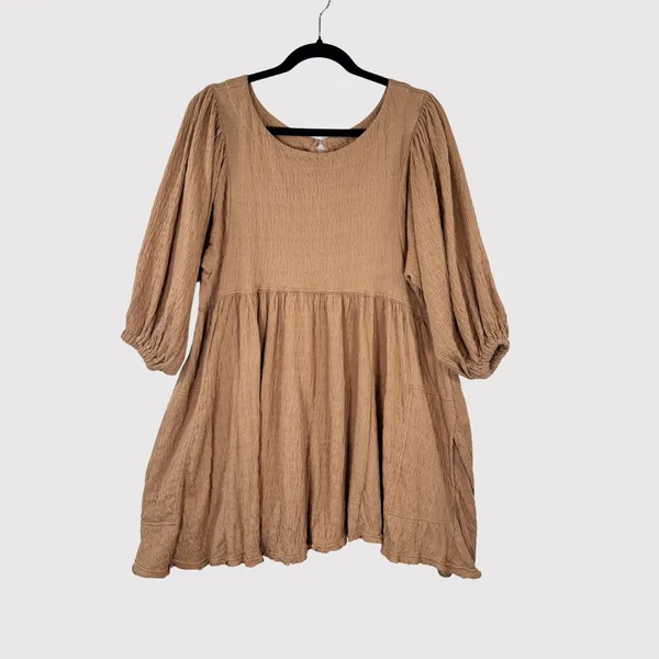 Free People Beach Dress Brown Get Obsessed Babydoll Mini Puff Sleeve A Line XS - Image 2