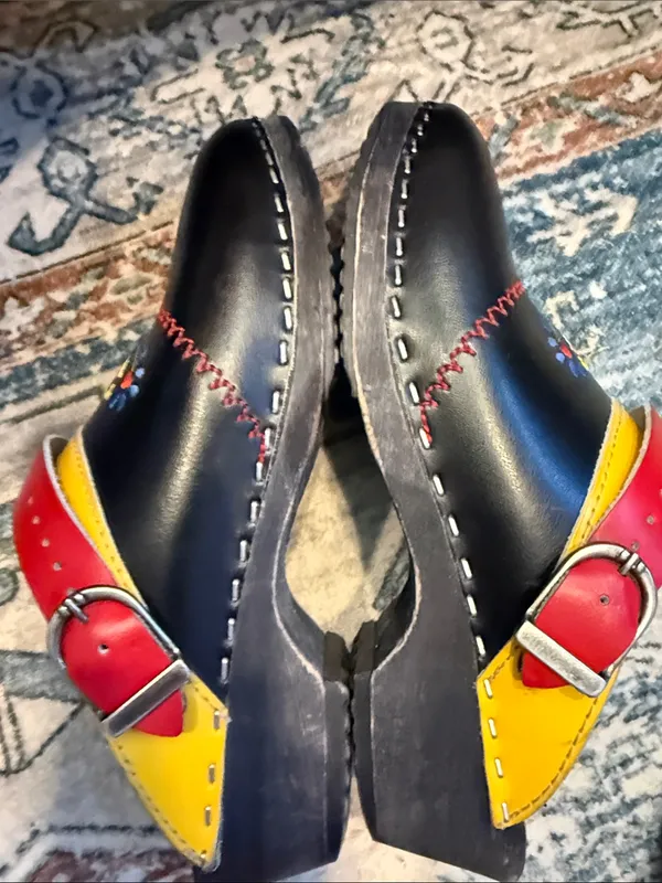 Vintage Swedish Wooden Clogs Embroidered Floral Leather Mules Black Red EU 38 - Image 9