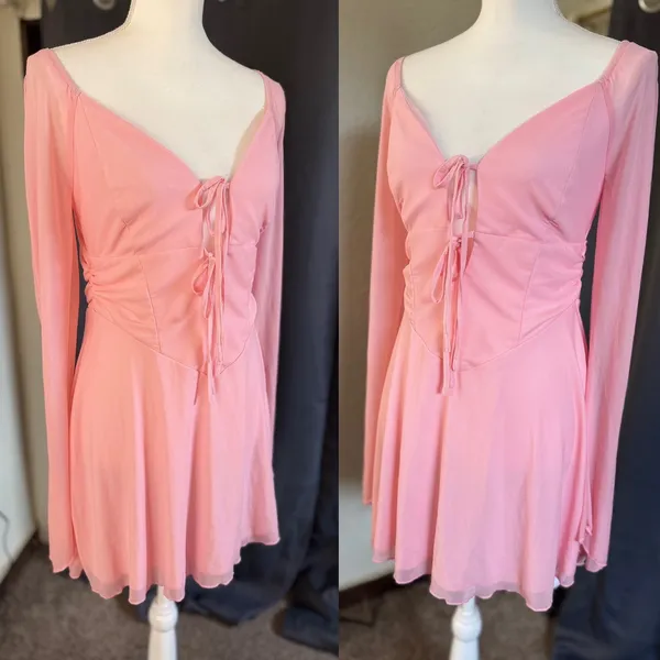Marthea Mesh Mini Dress Womens Large Pink Tie Front Bell‎ Sleeve Coquette NWT - Image 2
