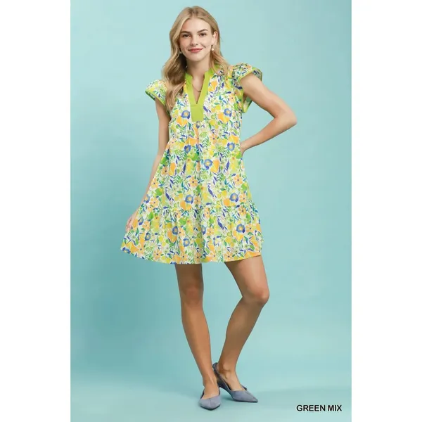 Umgee Floral Flutter Sleeve Tiered Mini Dress - Green Mix - Medium - Image 5