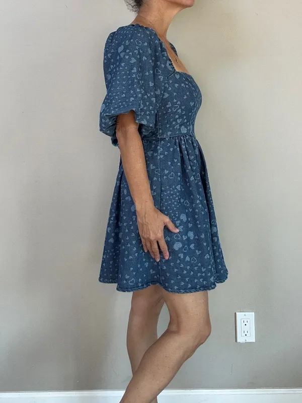 NWT Avec Les Filles Swirling Hearts denim puff sleeve babydoll minidress bow S - Image 2