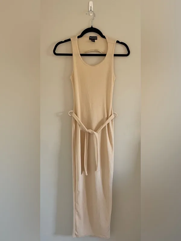 PrettyLittleThing Ribbed Open Back Waist Tie Midi Dress, Cream, Size 2, EUC - Image 3