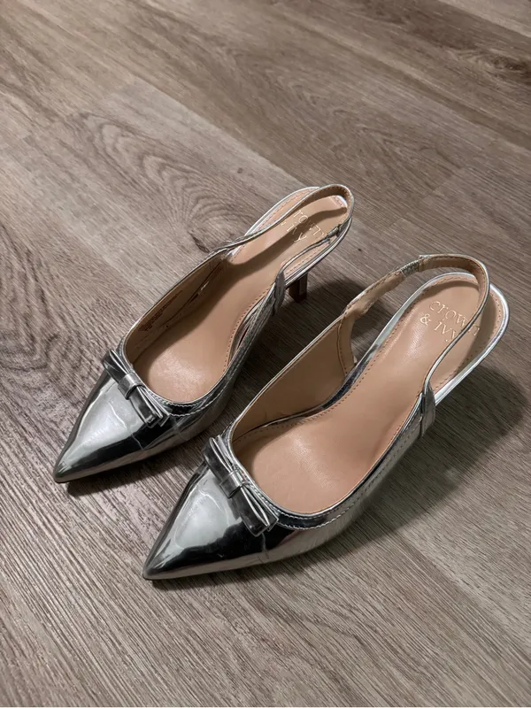 Crown & Ivy Remi Kitten Heel Slingback Silver Women’s 7.5 Bow Pointed Toe Shoes - Image 4