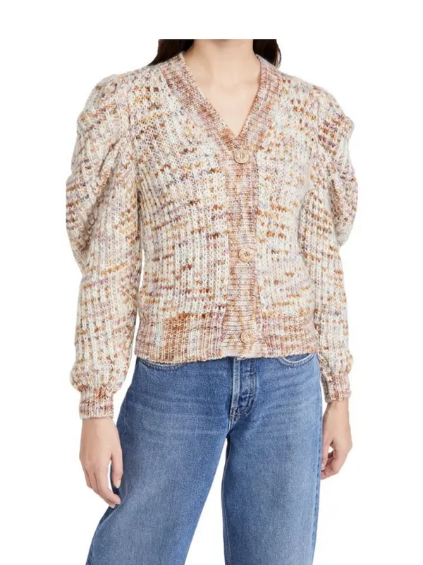 Jacquie The Label V Neck Puff Sleeve Fiora Cardigan Knit Sweater Small Tan Fawn - Image 4