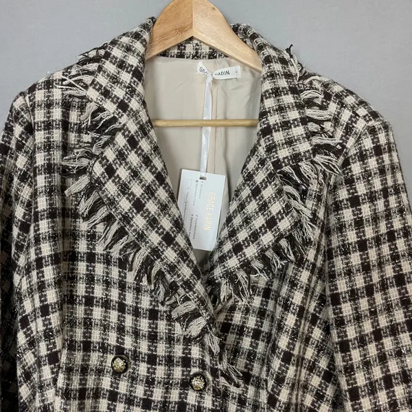 NWT Grace Karin Tweed Pea Coat Plaid Women Size XL Raw Edges Belted Cream Brown‎ - Image 14