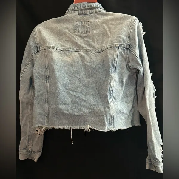 Forever 21 Los Angeles Women’s Distressed Frayed Crop Denim Jean Jacket LG - Image 2