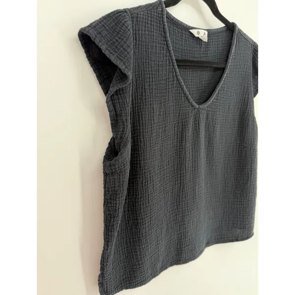 Three Dots Black‎ Double Gauze Cotton Top Flutter Sleeve Boho Coastal Blouse, L - Image 2