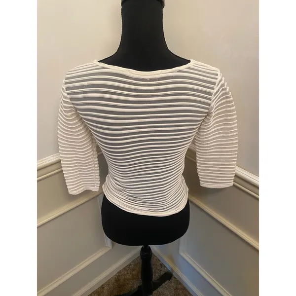 Stripe by Rayure Paris Cream Bouse Fitted Sheer Textured Top 3/4 Sleeve Y2K - Image 4