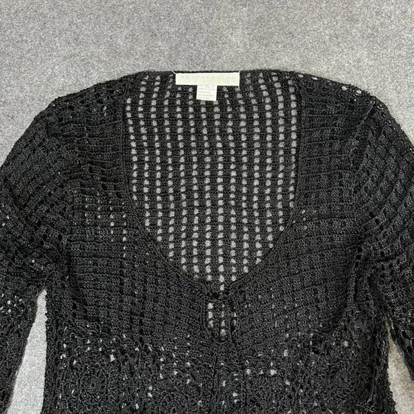 Bette Paige Black Crochet Cardigan XL Bell Sleeve Scallop Hem Boho Whimsigoth - Image 9