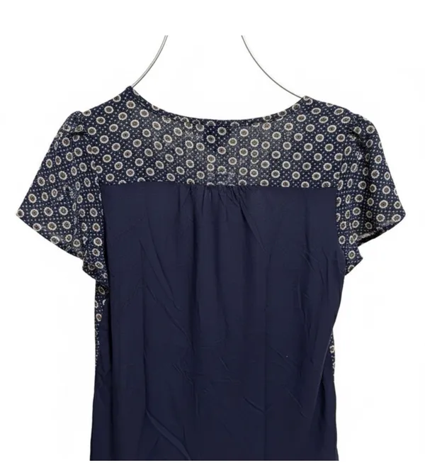 Boutique Charming Navy Blue Patterned Blouse with Ruffle Detail - Image 3