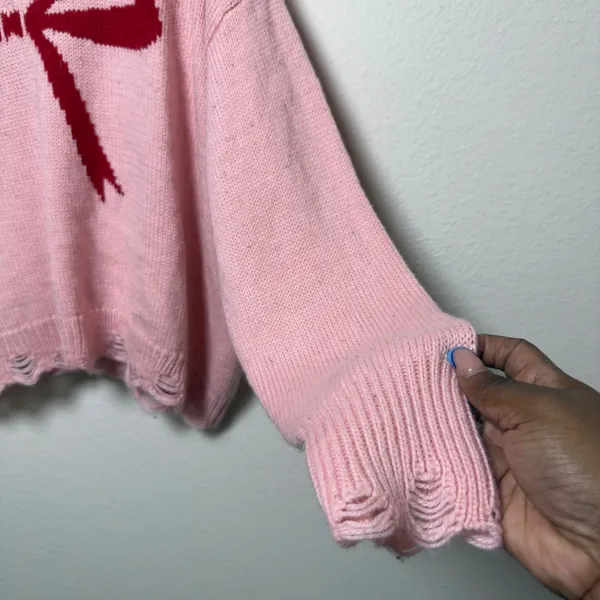 Wildfox Women Sweater Large Pink Bow Distressed V-Neck Oversized Pullover - Image 2