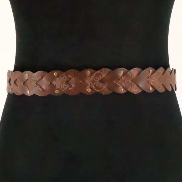Boho Braided Heart Tooled Leather Belt Womens Size XL Brown Floral Y2K Cowgirl - Image 4