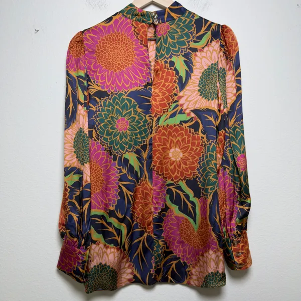 Farm Rio Women Top Small Multicolor Vintage Garden Satin Mock‎ Neck Puff Sleeve - Image 10