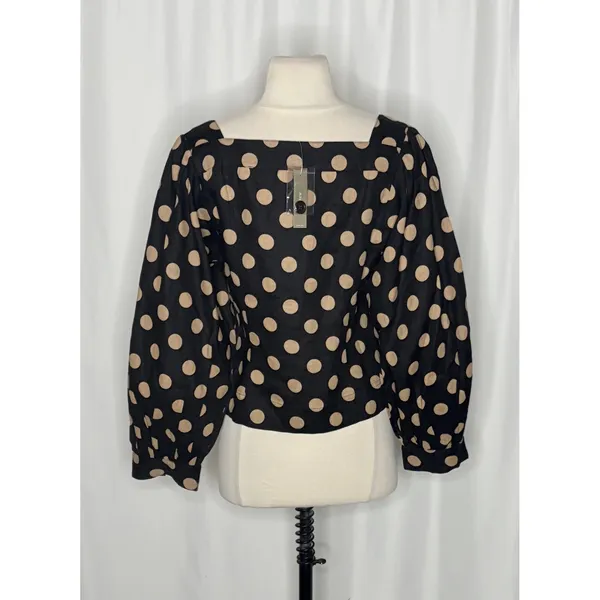 NWT!! J. CREW Linen Polka Dot Square Neck Blouse Black Tan Top Preppy Medium - Image 7