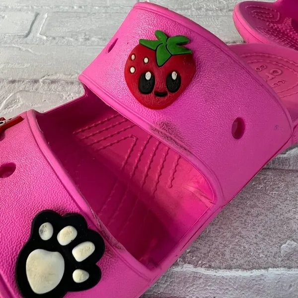 Crocs Classic Sandals Womens 7 Men 5 Pink Charms Two Double Strap Bright Comfort - Image 11