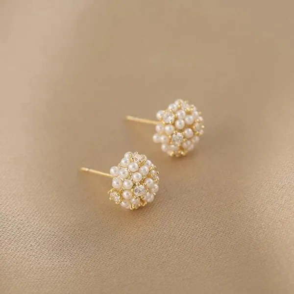 Gold and White Pearl Cluster Stud Earrings - Timeless Floral Design - Image 6