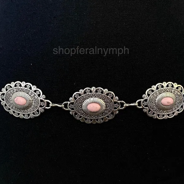 Silver Y2K Smudged Pink Stone Western Chain Belt, Fits 28-38 Inches, X7GA1379 - Image 5