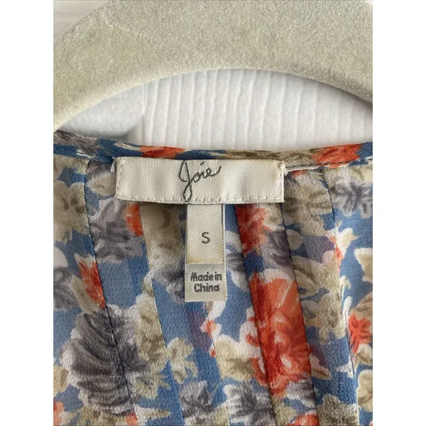 Joie Floral Silk‎ Pintuck Blouse Womens Size S Blue Orange V-Neck 3/4 Sleeve Top - Image 2