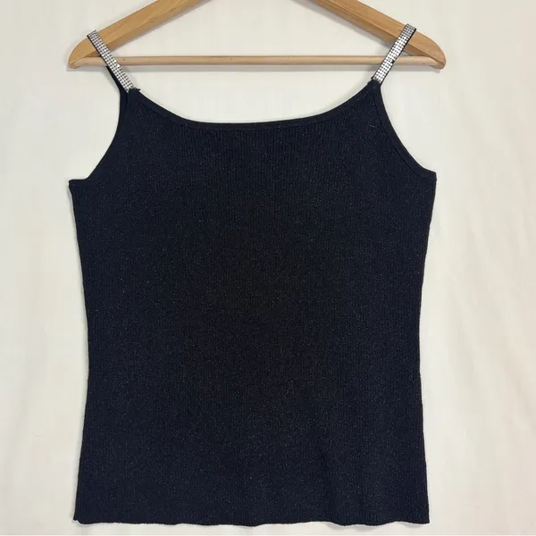Vtg Pointelle Shimmer Tank‎ Top Womens XL Black Silk-Blend Silver Metallic Studs - Image 4