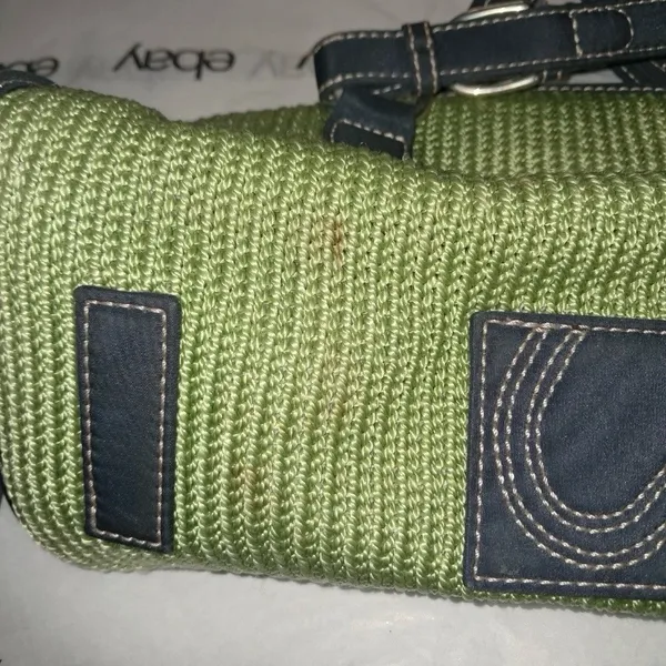 The Sak Green Woven Satchel Purse W/ Navy Blue Trim Vintage Boho Style Handbag - Image 6