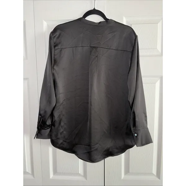 Rachel Zoe Black Satin Button Down Blouse Womens Size L Long Sleeve Band Collar - Image 4