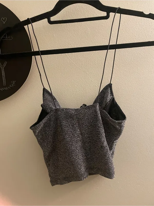 Divided Shimmery Black Metallic Cropped Cowl Tank - Image 2