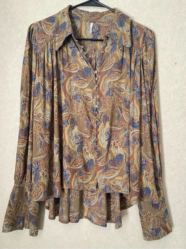Free People Paisley Tie-Neck Blouse in Brown and Blue - Image 2