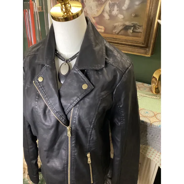 Baccini Womens Black Faux Leather Moto Jacket Gold Zip Biker Large NWT - Image 2