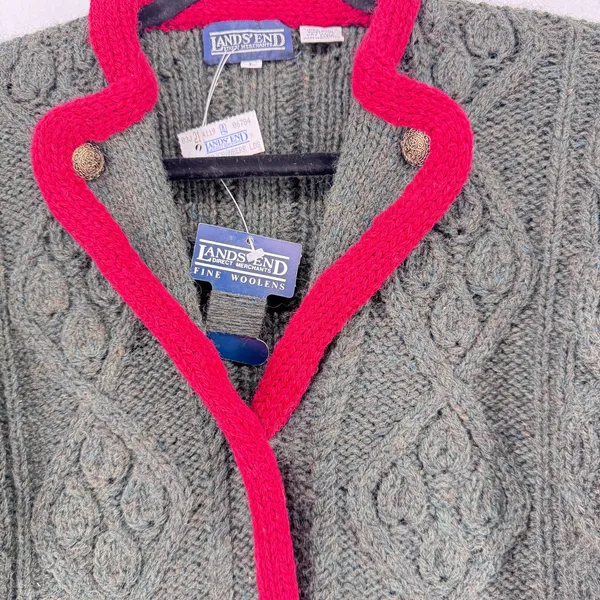 Lands’ End Vintage Shetland Wool Cardigan Green Pink Trim Cable Knit Jacket L - Image 7