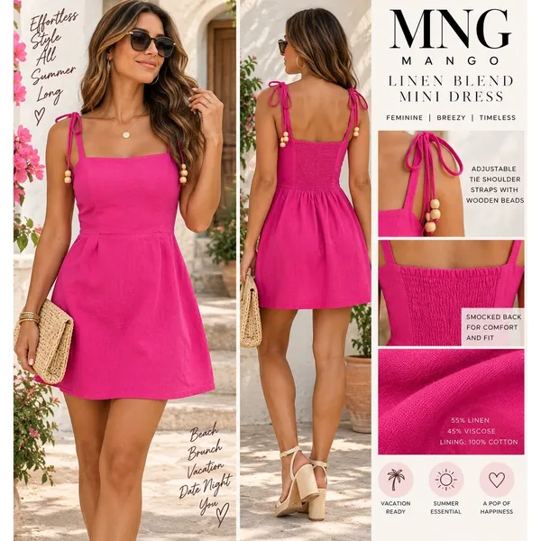 Mango MNG Womens Pink Linen Blend Beaded Strap Smocked Back Mini Dress Size S - Image 2