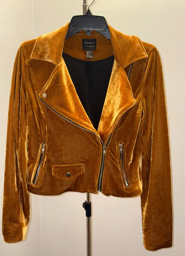 Forever 21 Velvet Moto Jacket Mustard Marigold Cropped Biker Size Small - Image 2
