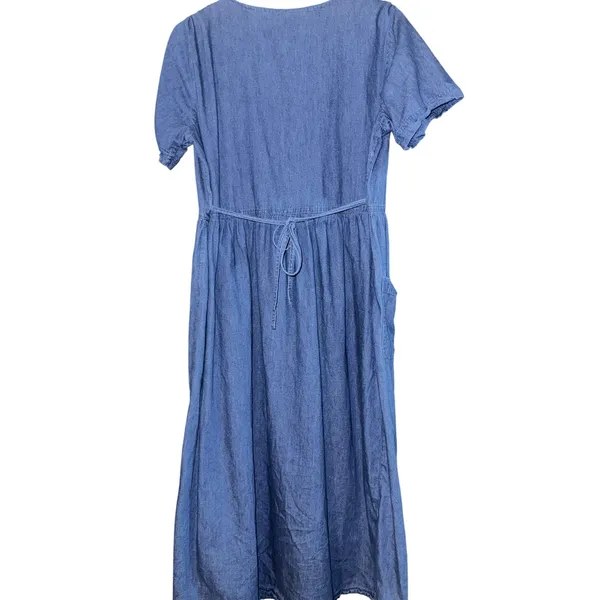 Vintage Embroidered Denim Jumper Dress‎ Women's Medium Maxi Floral Cottage ~Flaw - Image 5
