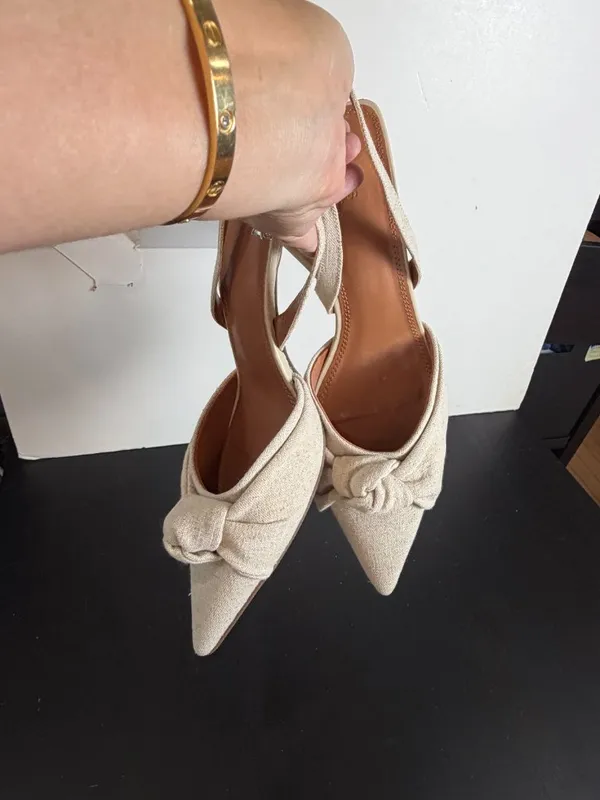 ASOS DESIGN Soraya Knotted Slingback Mid Heel Shoes Neutral Cream Linen Size 10 - Image 11