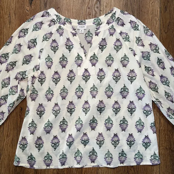 J Crew Floral 100% Cotton Split Neck Blouse Purple White Womens Size M Fall boho - Image 3
