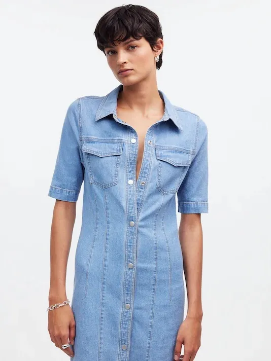 Madewell Denim Seamed Mini Shirtdress Palermo Wash Short Sleeve Buttons Size 6 - Image 4
